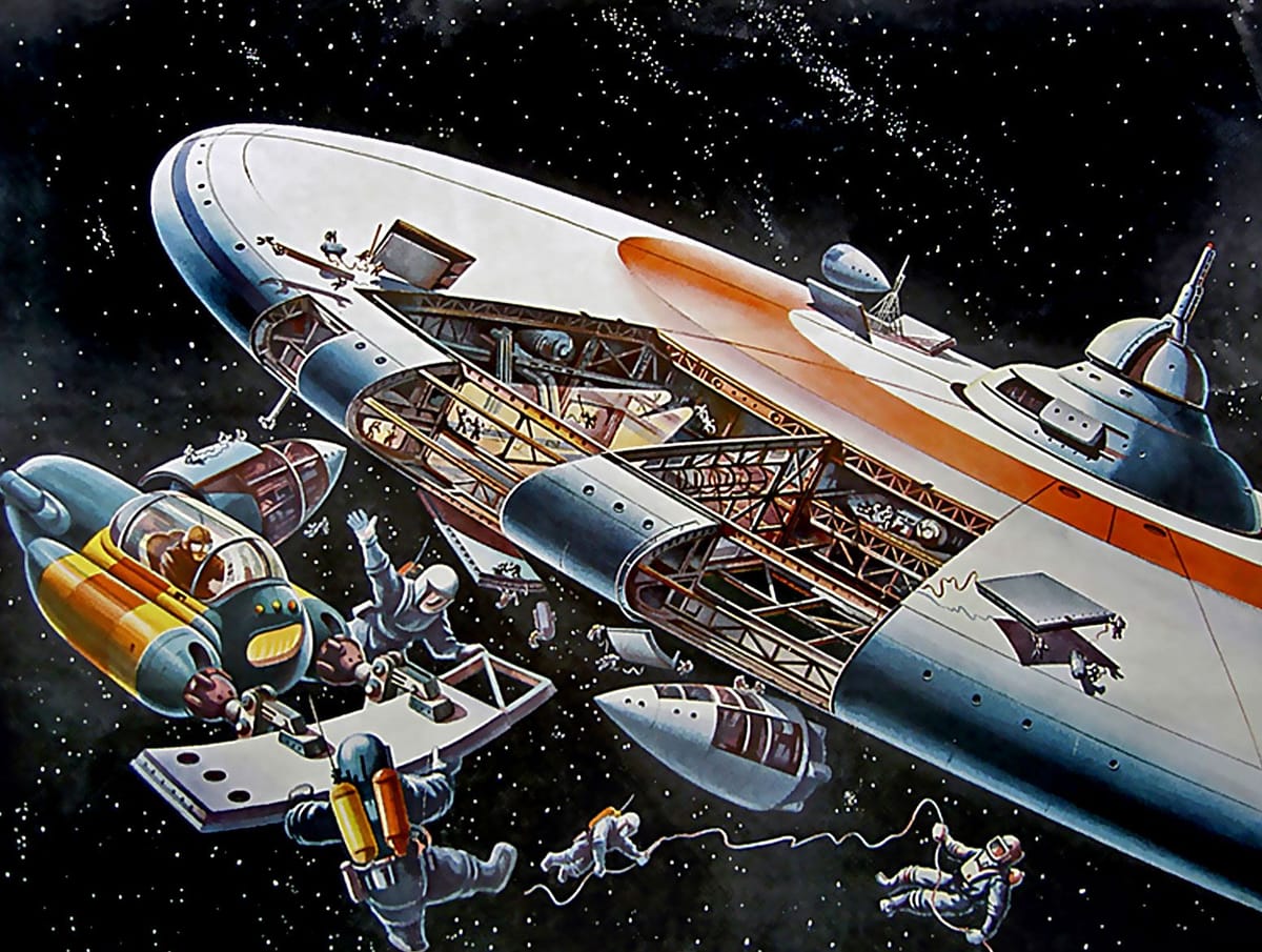 Several astronauts perform maintenance work on a retrofuturistic space station.