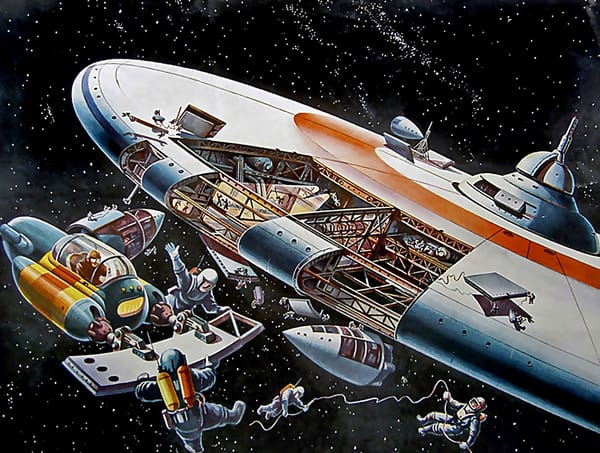 Several astronauts perform maintenance work on a retrofuturistic space station.